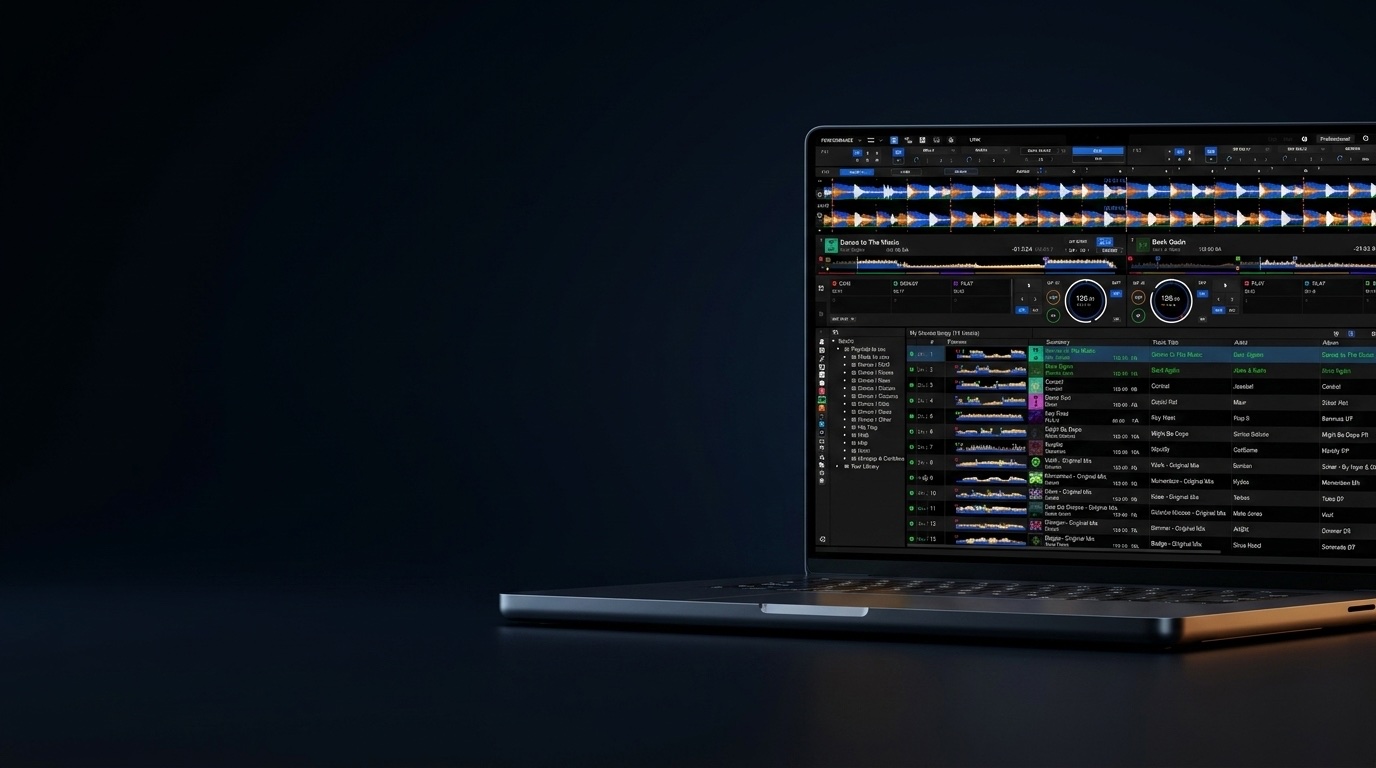 Notebook com o Rekordbox aberto, com as faixas analisadas e a biblioteca organizada