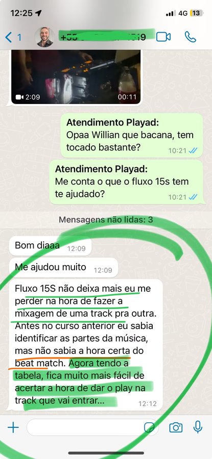 Atendimento Playad: 'Fluxo 15s deixa mais ou menos perdoar na hora da mixagem.' Aluno: 'Já estou identificando a parte da música, mas não saiu a hora certa do trecho que serve de base.'
