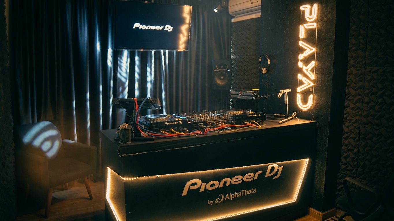 Cabine Pioneer DJ da PLAYAD com letreiro neon