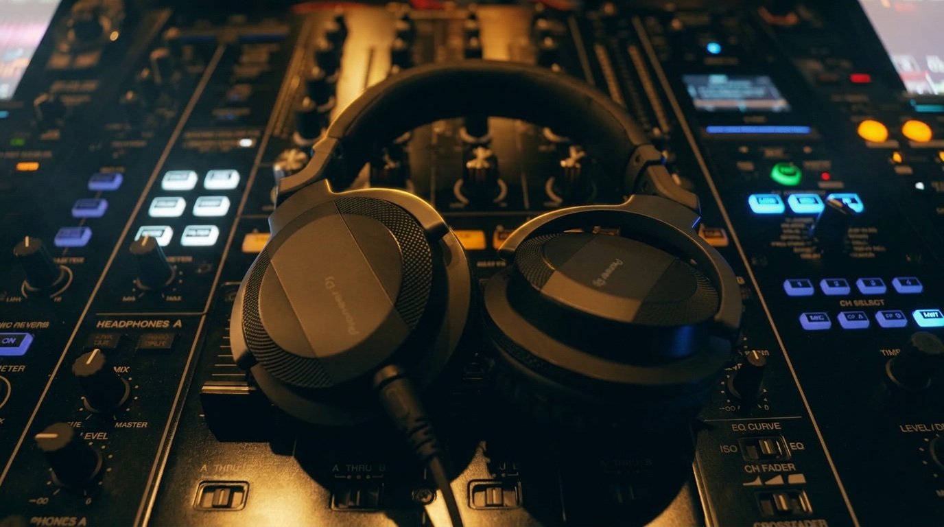 Fone profissional sobre o mixer na cabine